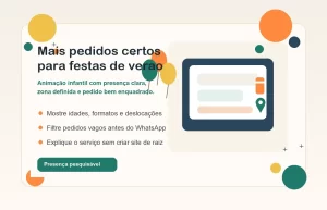 Profissional de animação infantil a organizar pedidos para festas de verão num portátil com elementos festivos