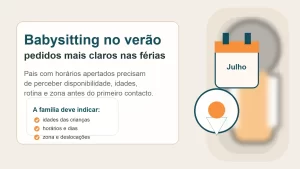 Ilustração editorial sobre babysitting no verão com foco em horários, idades das crianças e pedidos mais claros nas férias escolares
