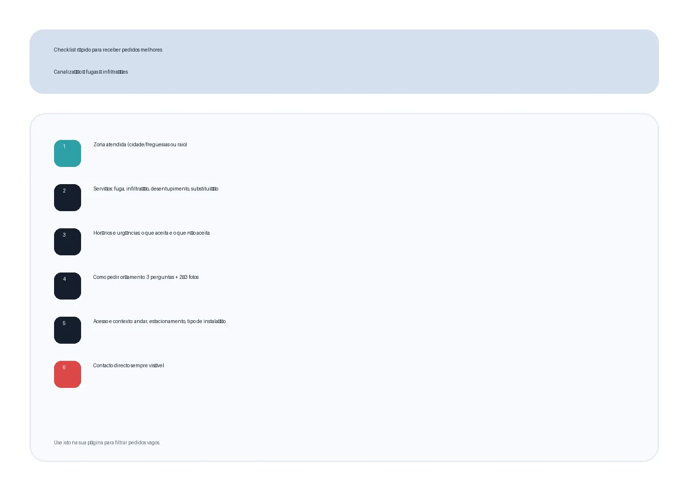 Checklist para canalizadores filtrarem pedidos e receberem fotos e contexto antes do orçamento