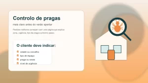 Ilustração editorial sobre controlo de pragas em Portugal com casa, lupa e checklist de pedido