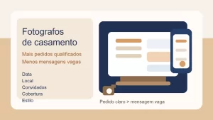 Fotógrafo de casamento em Portugal a rever pedidos e agenda no portátil antes de responder a um casal