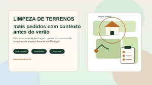 Ilustração editorial sobre limpeza de terrenos em Portugal com casa, faixa de proteção e checklist de pedido