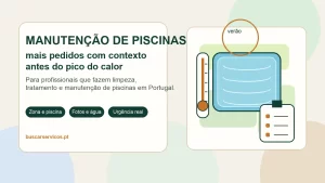Ilustração editorial sobre manutenção de piscinas em Portugal com piscina, termómetro e checklist de pedido