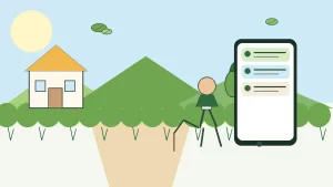 Profissional de jardinagem a consultar pedidos de clientes junto a um jardim preparado para o verão