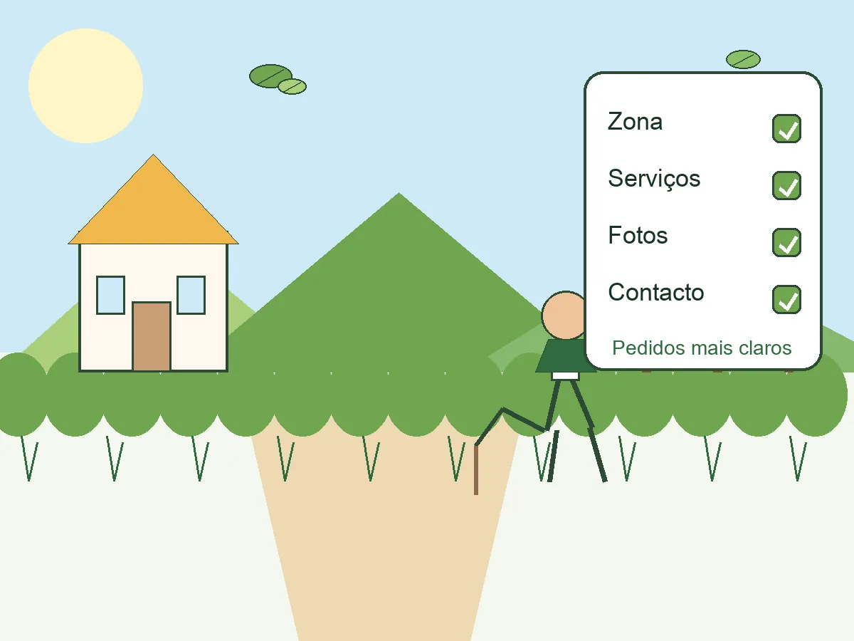 Checklist visual de elementos importantes numa página de serviços de jardinagem em Portugal