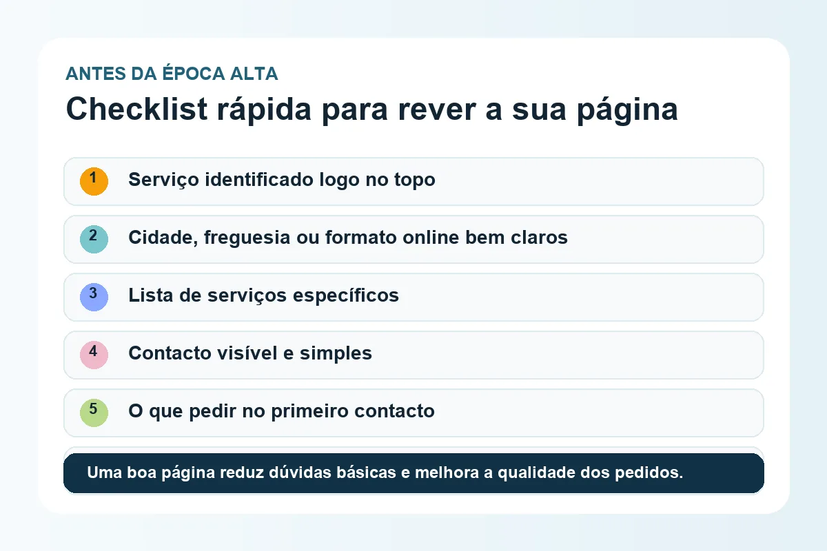 Checklist visual dos ajustes essenciais numa página de prestador de serviços antes de agosto