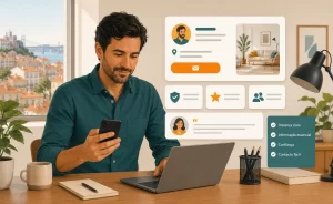 Prestador de serviços por conta própria a rever a sua presença online no telemóvel e no portátil.