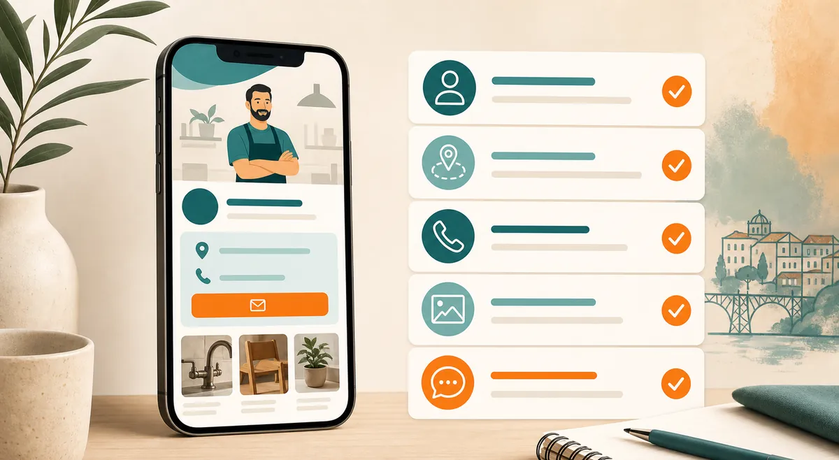 Checklist visual de presença online mínima para prestador com serviço, zona atendida, contacto e exemplos do trabalho.