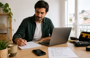 Profissional de serviços em Portugal a organizar portátil, telemóvel e notas para divulgar o seu trabalho sem criar um site completo