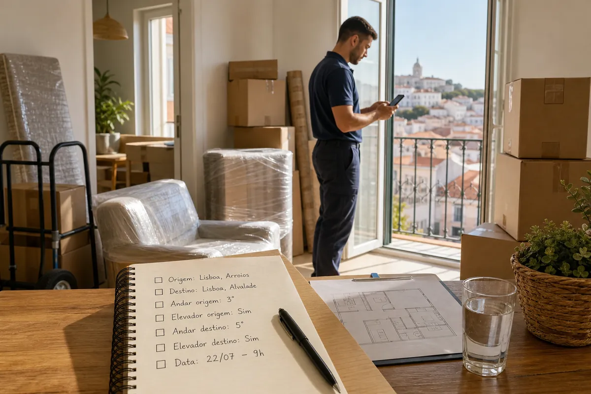 Checklist de mudança com origem, destino, andar e elevador sobre uma mesa ao lado de caixas embaladas