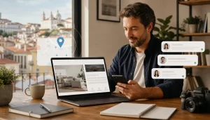 Profissional de serviços em Portugal a gerir uma página online e contactos diretos sem depender sempre de anúncios