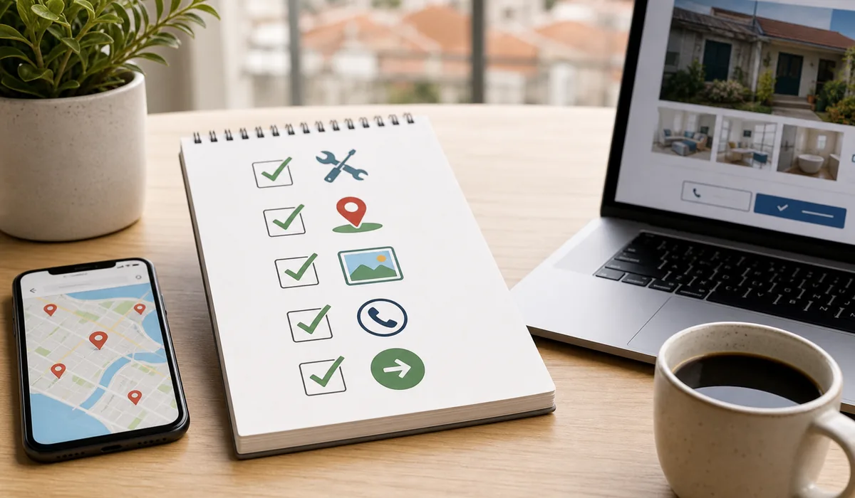 Checklist visual de página profissional com serviço, localização, imagem, contacto e próximo passo