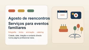 Ilustração editorial de serviços para eventos familiares em agosto com calendário, câmara, bolo e catering