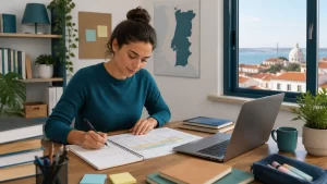 Explicadora a organizar horários e planeamento semanal antes de setembro num espaço de trabalho em Portugal