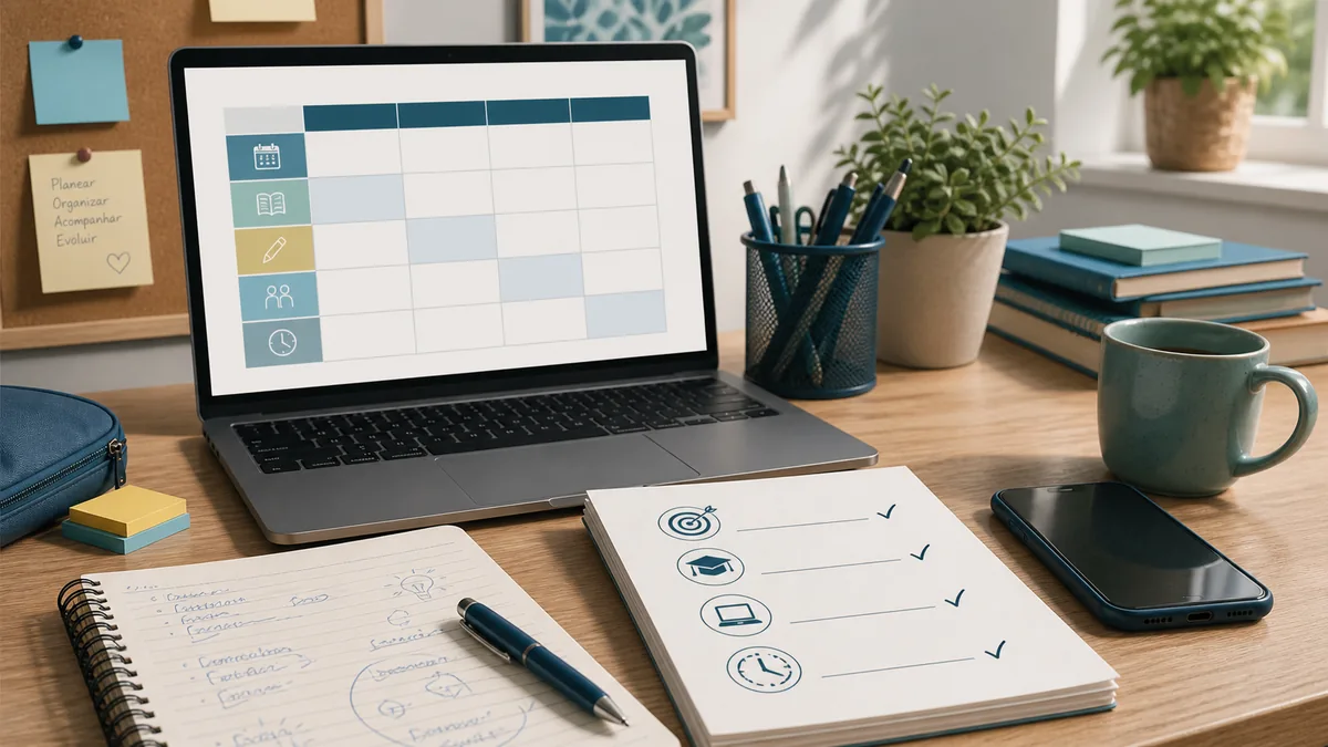 Secretária com portátil, agenda e checklist visual para pedidos de explicações com disciplina, formato e horários