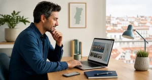 Prestador de serviços em Portugal a rever a sua presença online num portátil
