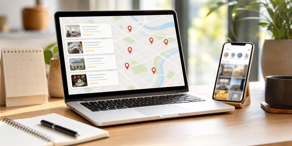 Portátil com mapa e listagens locais ao lado de telemóvel e agenda de trabalho