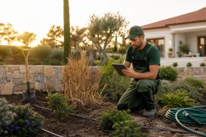 Profissional de jardinagem a avaliar um jardim residencial depois de um verão quente com tablet, mangueira e plantas em recuperação
