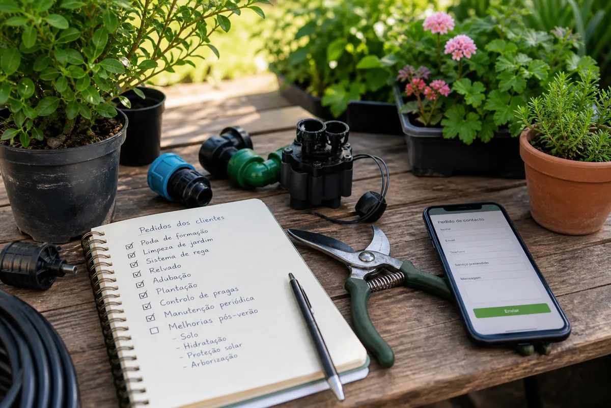 Checklist de pedidos de jardinagem com tesoura de poda, componentes de rega, plantas em vaso e telemóvel com formulário de contacto