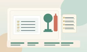 Profissional de limpeza e organização a planear serviços no portátil com agenda, produtos e checklist sobre uma mesa clara