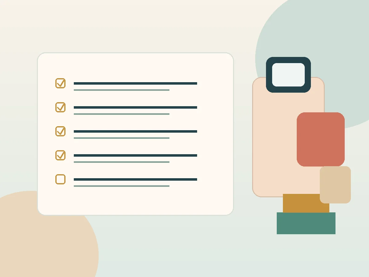 Checklist de primeiro contacto para serviço de limpeza e organização junto a telemóvel, cesto e materiais de arrumação