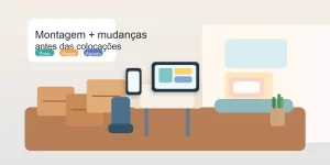 Ilustração editorial de quarto de estudante com caixas, secretária e montagem de mobiliário preparada para entrada em apartamento.