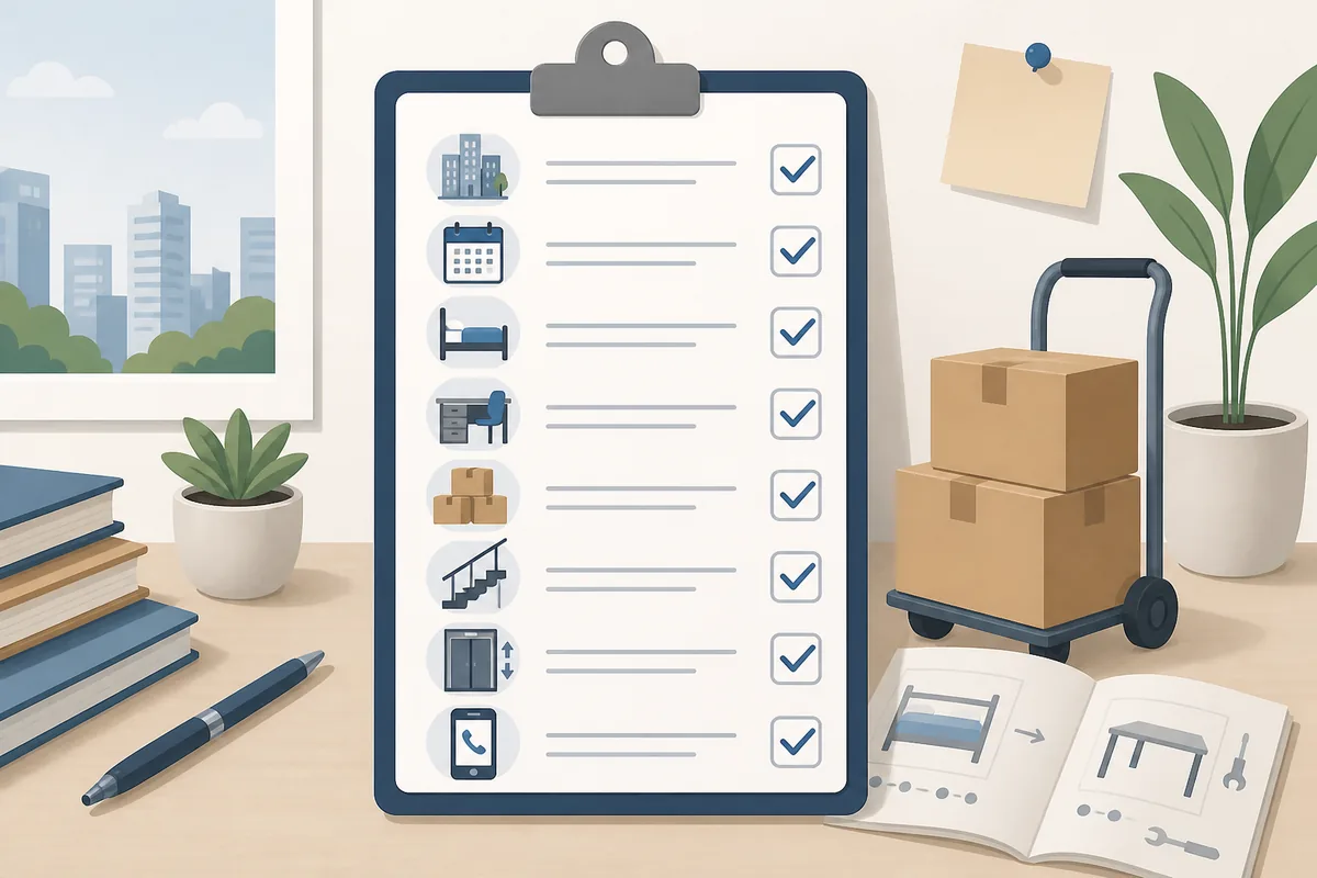 Checklist visual com cidade, data, peças, escadas e elevador para pedidos de mudanças leves e montagem