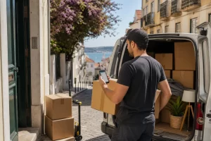 Profissional de mudanças a carregar caixas para uma carrinha enquanto confirma um pedido no telemóvel numa rua de Lisboa