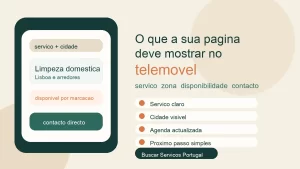 Ilustração editorial de uma página de prestador vista no telemóvel com serviço, zona e contacto directo em destaque