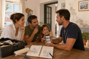 Família regressada a Portugal a rever pequenas reparações domésticas com um prestador de serviços numa casa com sinais de humidade.