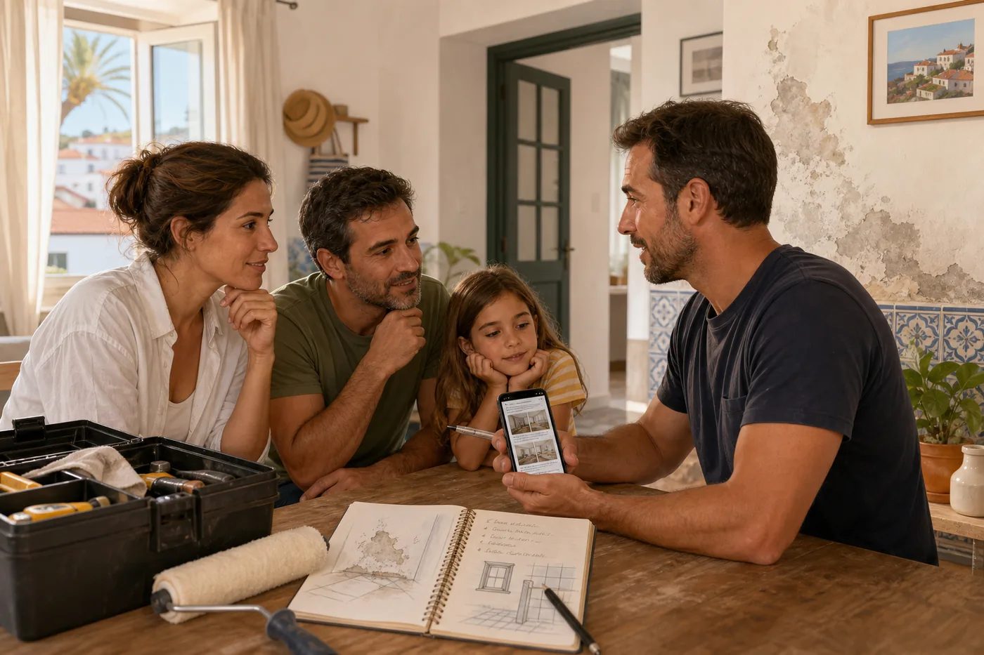 Família regressada a Portugal a rever pequenas reparações domésticas com um prestador de serviços numa casa com sinais de humidade.
