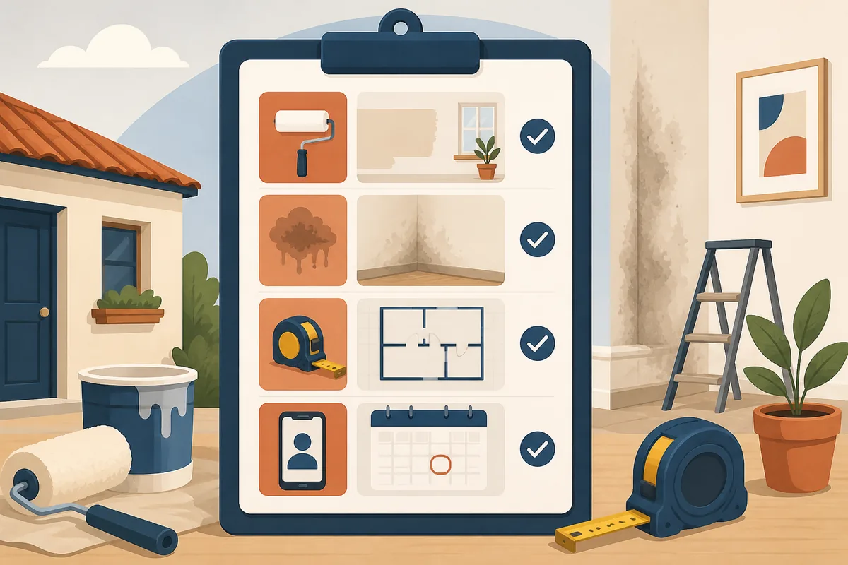 Checklist visual para pedir pequenas reparações com tipo de problema, fotos, localização e data pretendida.