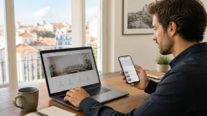 Prestador de serviços a rever no computador e no telemóvel a sua presença online para ser encontrado no Google