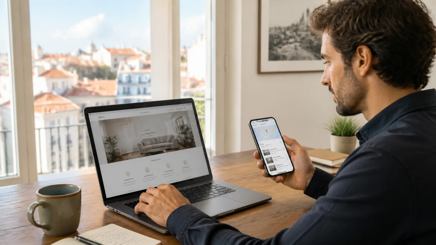 Prestador de serviços a rever no computador e no telemóvel a sua presença online para ser encontrado no Google