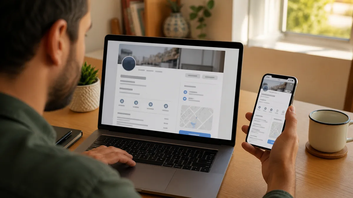Exemplo visual de uma página de prestador com serviço, localização e contacto visíveis no computador e no telemóvel