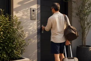 Morador regressa de férias e abre a porta de casa com fechadura moderna e videoporteiro