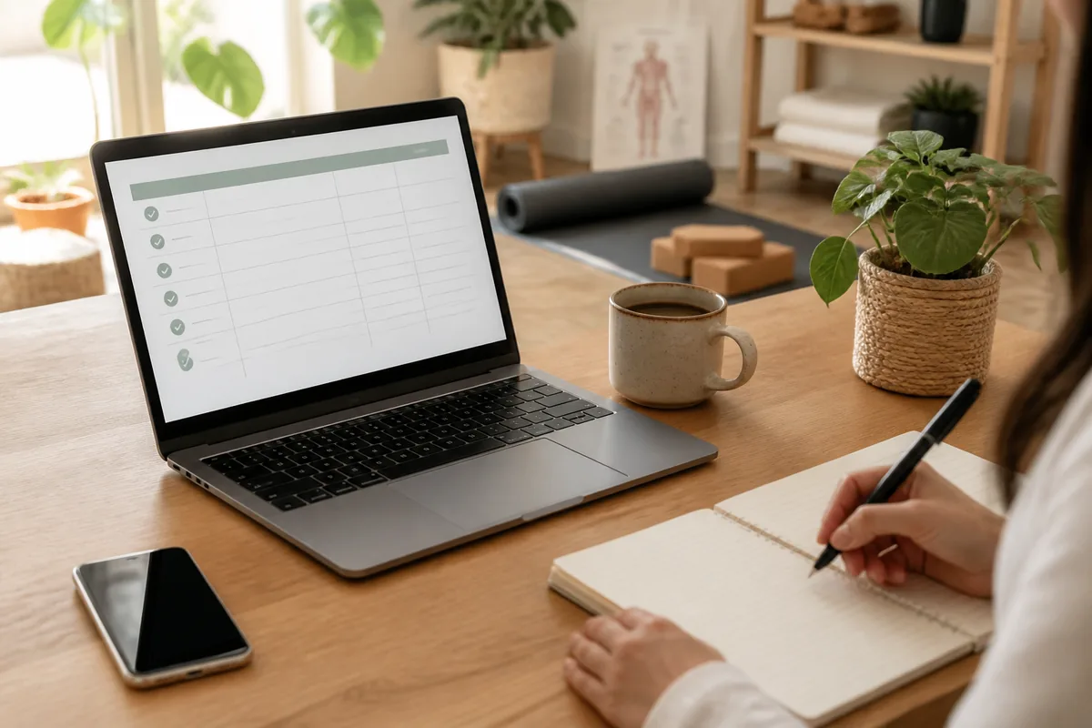 Portátil com checklist de marcação num espaço de bem-estar com tapete, plantas e caderno de notas