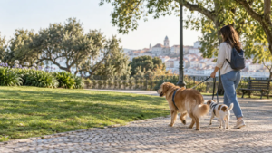 Pet sitter a passear dois cães num parque urbano em Portugal
