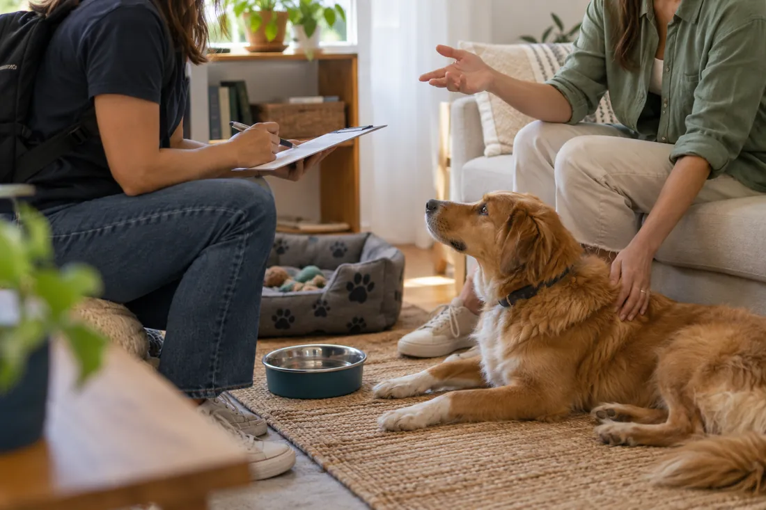 Pet sitter e tutora a rever a rotina de um cão antes do serviço
